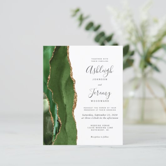 Budget Hunter Green Gold Agate Wedding Invitation (Staand voorkant)