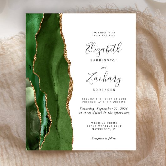 Budget Hunter Green Gold Agate Wedding Invitation