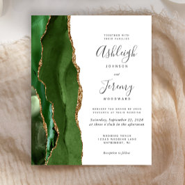 Budget Hunter Green Gold Agate Wedding Invitation