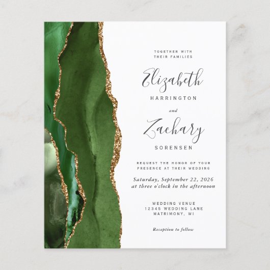Budget Hunter Green Gold Agate Wedding Invitation (Voorkant)