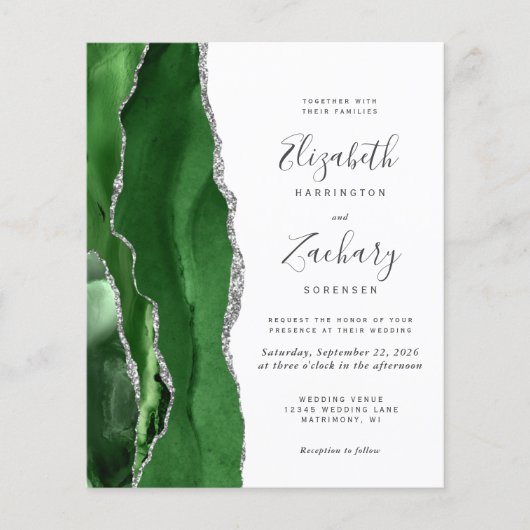 Budget Hunter Green Silver Agate Wedding Invite (Voorkant)