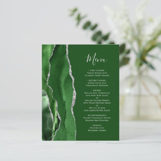 Budget Hunter Green Silver Agate Wedding Menu (Staand voorkant)