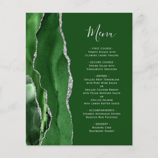 Budget Hunter Green Silver Agate Wedding Menu (Voorkant)