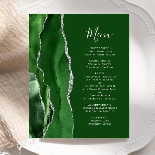 Budget Hunter Green Silver Agate Wedding Menu
