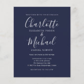 Budget huwdinvitatie in Navy Blue Script (Voorkant)