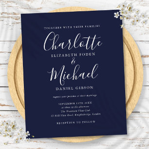 Budget huwdinvitatie in Navy Blue Script