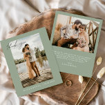 Budget Huwelijk Dank u Sage Groene Foto Kaarten<br><div class="desc">Budget Wedding Dank u Kaarten die een foto op de voor- en achterkant hebben. De kaarten met dank bevatten een moderne handgeschreven cursieve scripttypografie die elegant,  eenvoudig en modern is om te gebruiken nadat u de minimalistische eenvoudige trouwdag hebt gevierd.</div>