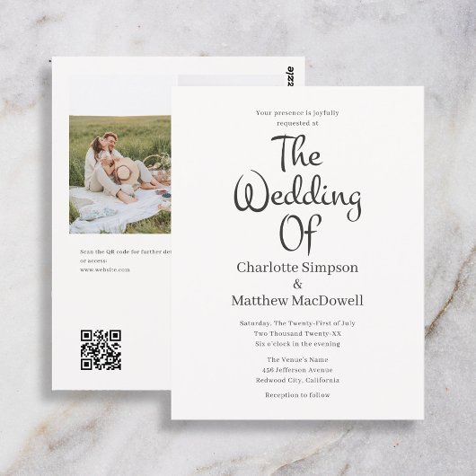 Budget Huwelijk Fancy Script Foto QR Code Briefkaart