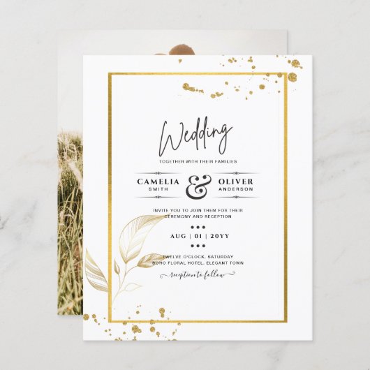 Budget Huwelijksuitnodiging Foto Klassiek Wit GOUD (Voorkant / Achterkant)