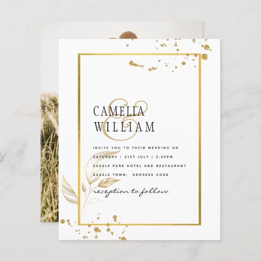 Budget Huwelijksuitnodiging Foto Klassiek Wit GOUD (Voorkant / Achterkant)