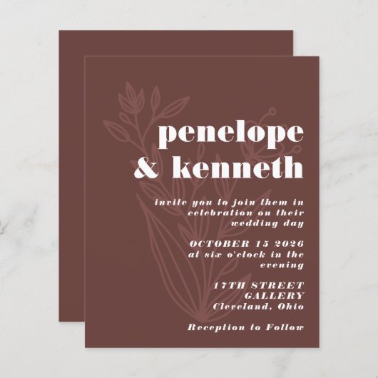 Budget Huwelijksuitnodiging - Rustic Brown Botanic (Voorkant / Achterkant)