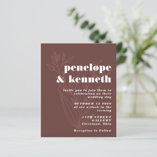Budget Huwelijksuitnodiging - Rustic Brown Botanic (Staand voorkant)