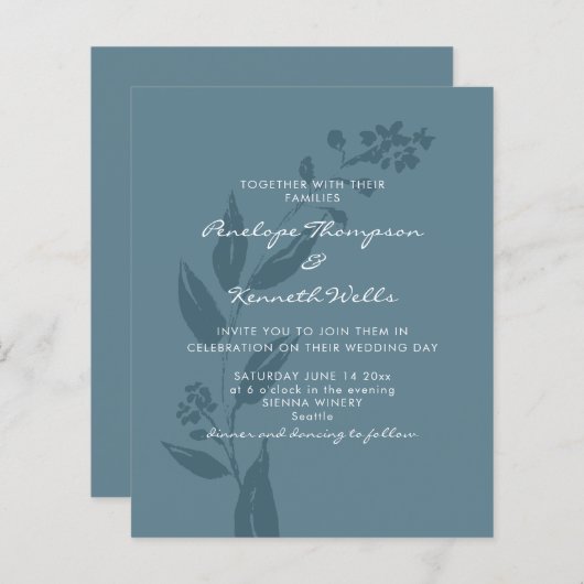 Budget Huwelijksuitnodiging Rustiek Blauw Botanisc (Voorkant / Achterkant)