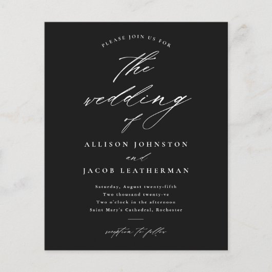 Budget Huwelijksuitnodiging Zwart en Wit Script (Voorkant)