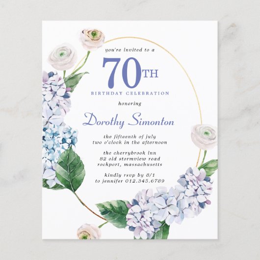 Budget Hydrangea Roos 70e Verjaardagsuitnodiging (Voorkant)