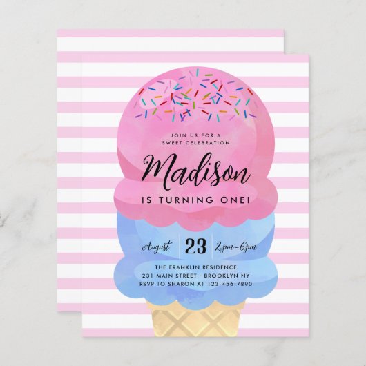 Budget Ice Cream Blush Pink Blue Cone Kind Verjaar (Voorkant / Achterkant)
