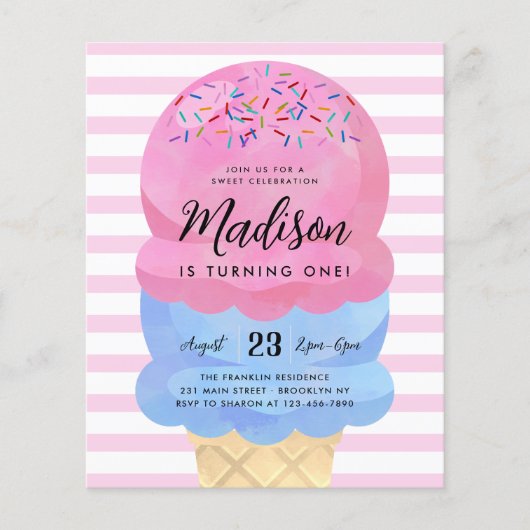 Budget Ice Cream Blush Pink Blue Cone Kind Verjaar (Voorkant)