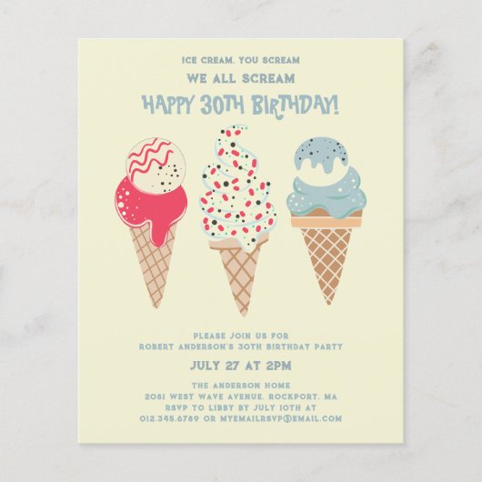 Budget Ice Cream Cone 30e Verjaardag uitnodiging (Voorkant)
