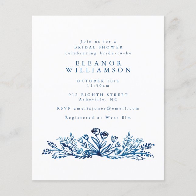 Budget Indigo Blue Ink Floral Vrijgezellenfeest Ui (Voorkant)