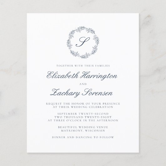 Budget Indigo Blue Monogram Wreatscript Wedding (Voorkant)