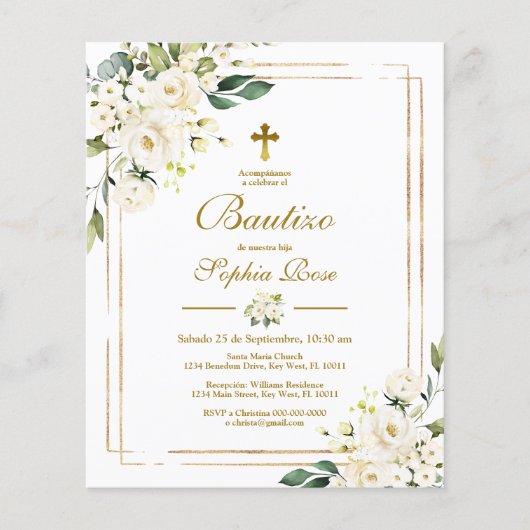 Budget Invitación de Rosas Blancas para Bautizo (Voorkant)
