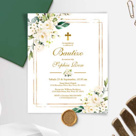 Budget Invitación de Rosas Blancas para Bautizo