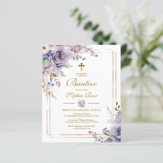 Budget Invitación de Rosas Moradas para Bautizo (Staand voorkant)