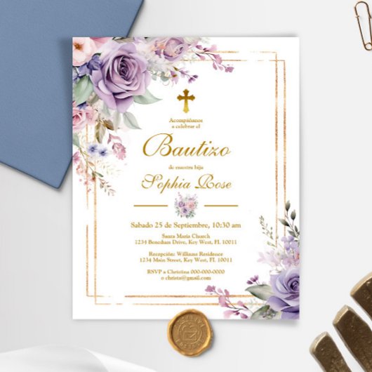 Budget Invitación de Rosas Moradas para Bautizo