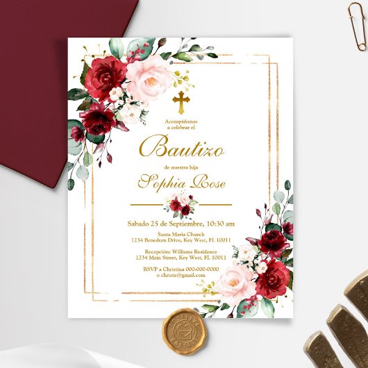 Budget Invitación de Rosas Rojas para Bautizo