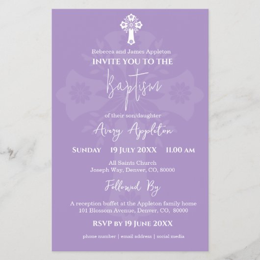 Budget Invitation Floral Cross Baptism Lilac Flyer (Voorkant)