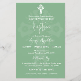 Budget Invitation Floral Cross Baptism Sage Green Flyer