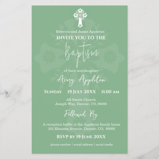 Budget Invitation Floral Cross Baptism Sage Green Flyer (Voorkant)