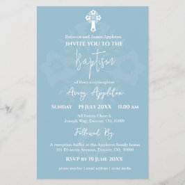 Budget Invitation Floral Cross Baptism Sky Blue Flyer