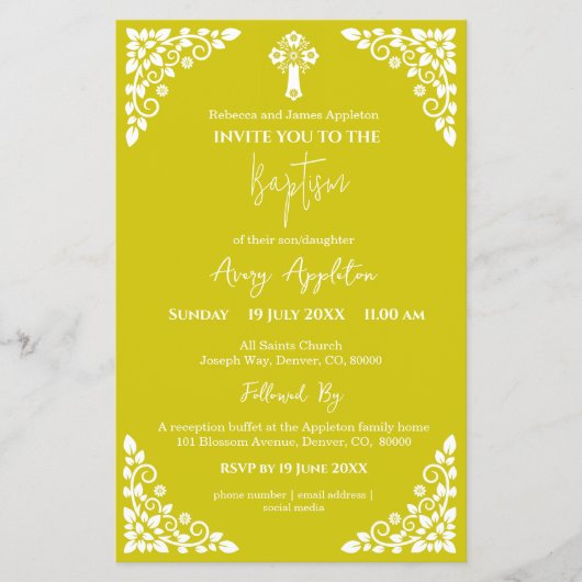 Budget Invitation Floral Cross Baptism Yellow Flyer (Voorkant)