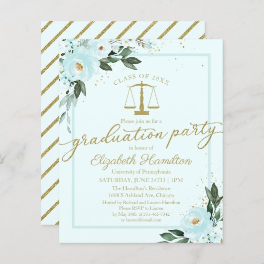 Budget Invitation Law School Graduparty Blauwgroen (Voorkant / Achterkant)