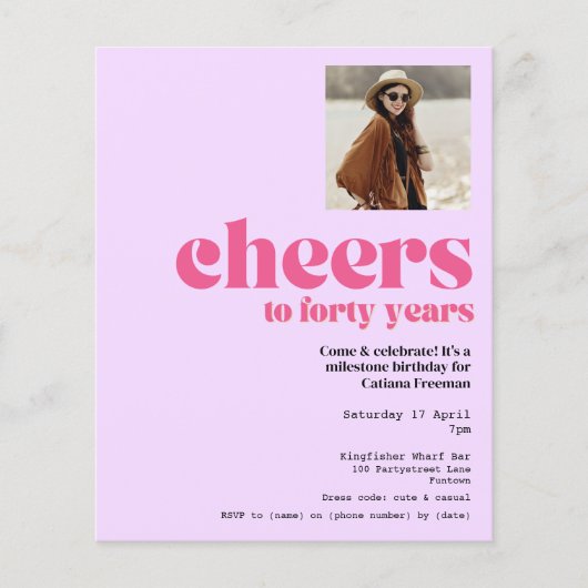 Budget Invitation, Retro Paarse 40e verjaardag Flyer (Voorkant)