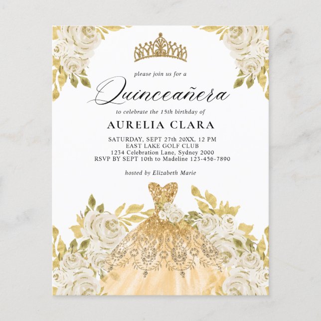 BUDGET Ivoor gouden jurk Bloemen 15e Quinceañera (Voorkant)