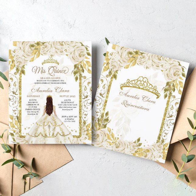 Budget Ivory Floral Princess Gold Arch Quinceanera (Creator heeft geüpload)