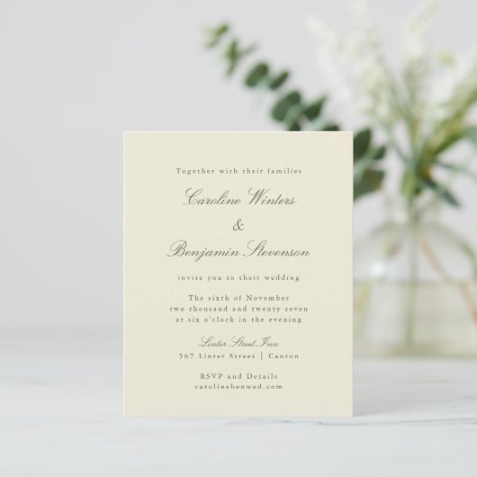 Budget Ivory Olive Elegant Wedding Invitation (Staand voorkant)