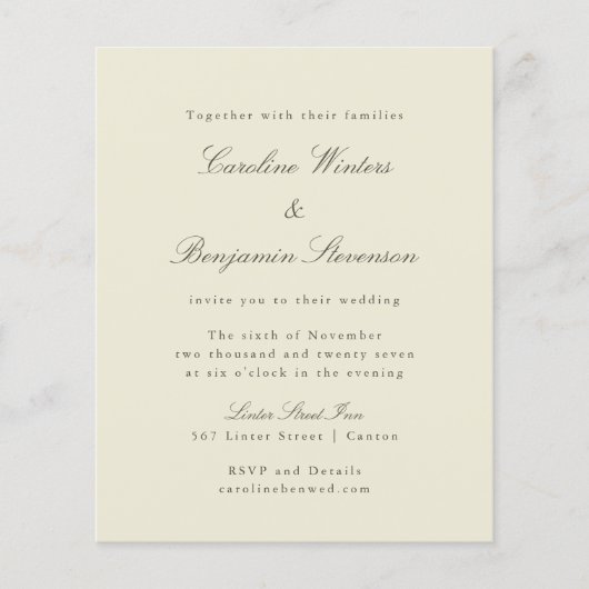 Budget Ivory Olive Elegant Wedding Invitation (Voorkant)