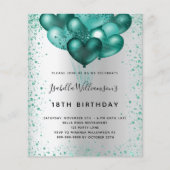 Budget jarig zilveren blauwgroen glitter-uitnodigi (Voorkant)