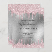 Budget jarig zilveren glitter roze uitnodiging (Voorkant / Achterkant)