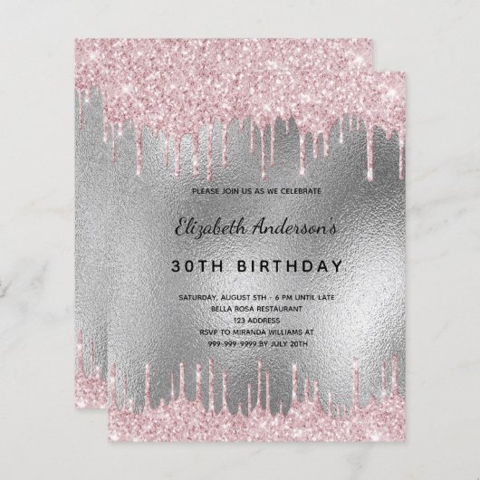 Budget jarig zilveren glitter roze uitnodiging (Voorkant / Achterkant)