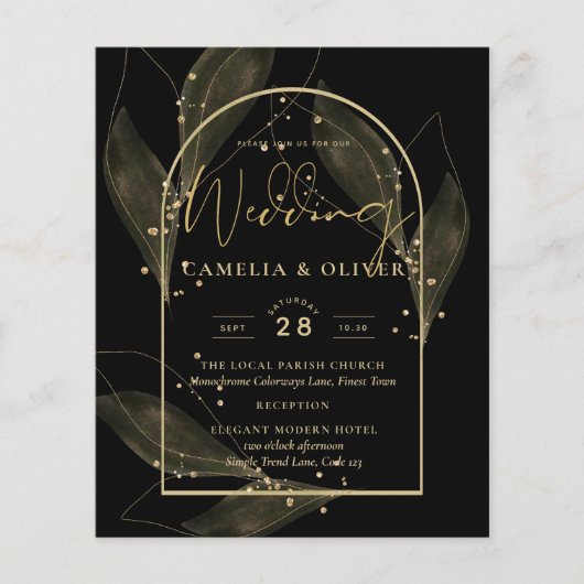 BUDGET Jet Black Gold Leaves Wedding INVITE Flyer (Voorkant)
