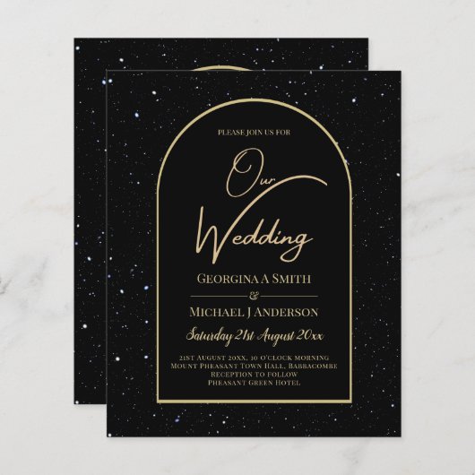 BUDGET Jet BLACK GOLD Sterrennacht Wedding INVITE (Voorkant / Achterkant)
