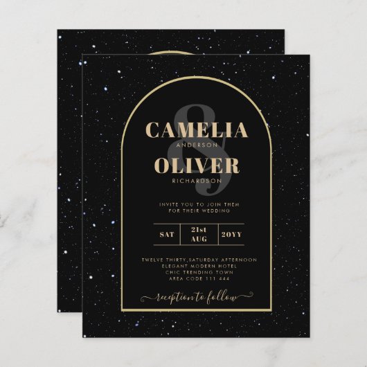 BUDGET Jet BLACK GOLD Sterrennacht Wedding INVITE (Voorkant / Achterkant)