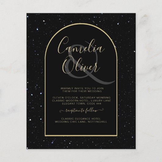 BUDGET Jet BLACK GOLD Sterrennacht Wedding INVITE Flyer (Voorkant)
