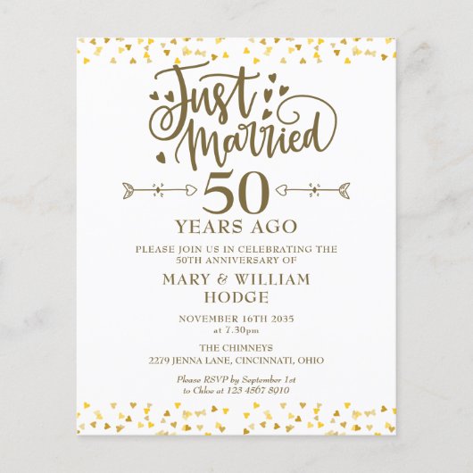 Budget Just Married 50ste jubileum uitnodiging (Voorkant)