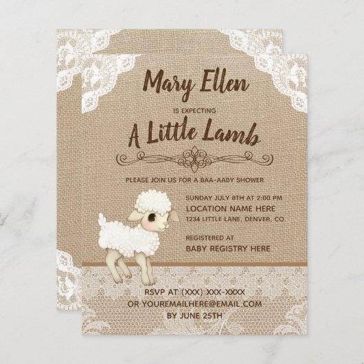 BUDGET Jute Stoffen Lammetje Baby Shower Uitnodigi (Voorkant / Achterkant)