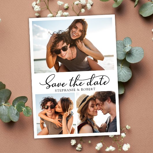 Budget Kalligrafie 3 Fotocollage De datum opslaan Aankondigingskaart